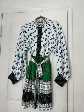 Studio Green, White & Blue Mixed-Print Long Sleeve Dress